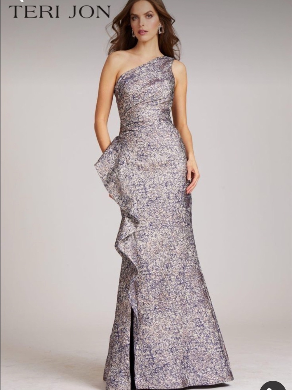 Teri Jon One-Shoulder Metallic Lavender Floral Gown